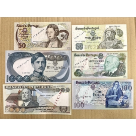 PORTUGAL SPECIMEN, Lot of 6 notes, 20/50/100/1000/5000 Escudos - Năm: 1971-1986