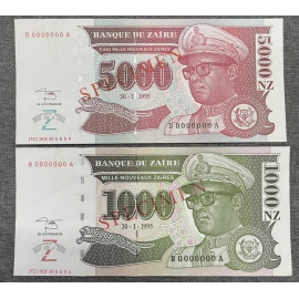 ZAIRE SPECIMEN, Lot of 2 notes, 1000/5000 Nouveaux Zaïres 1995