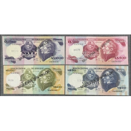 URUGUAY SPECIMEN, Lot of 4 notes, 50/100/500/1000 Nuevos Pesos 1978-1989